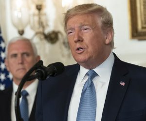 epa07757952 US President Donald J. Trump makes a statement at the White House in Washington, DC, USA, on 05 August 2019 in response to two separate shooting incidents. US Vice President Mike Pence looks on from left.  EPA/Chris Kleponis / POOL