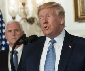 epa07757952 US President Donald J. Trump makes a statement at the White House in Washington, DC, USA, on 05 August 2019 in response to two separate shooting incidents. US Vice President Mike Pence looks on from left.  EPA/Chris Kleponis / POOL