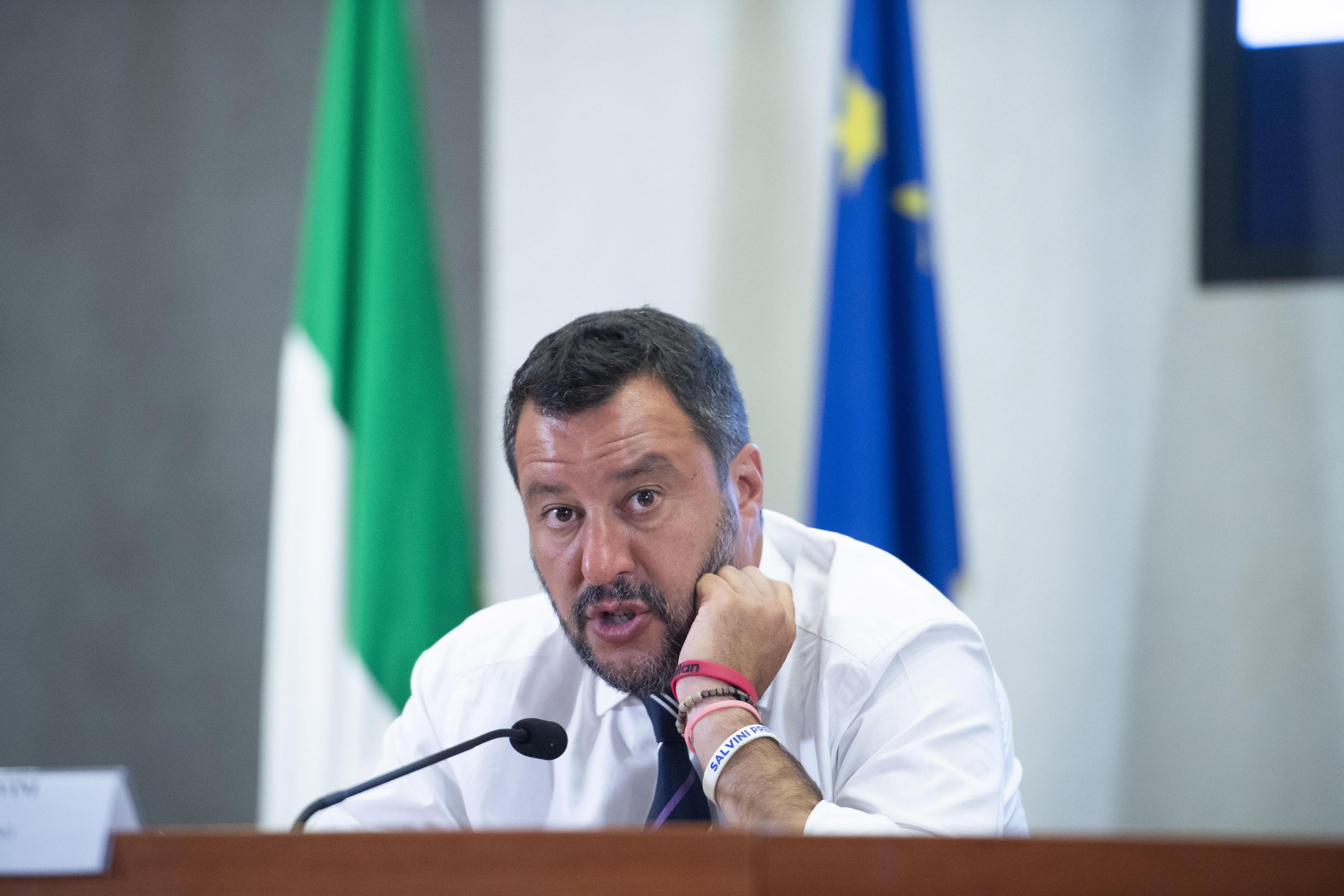 epa07758884 Italian deputy premier and interior minister, Matteo Salvini, speaks to the press during a break of the meeting with the industrial and trade union organizations at the Viminale building in Rome, Italy, 06 August 2019.  EPA/MAURIZIO BRAMBATT