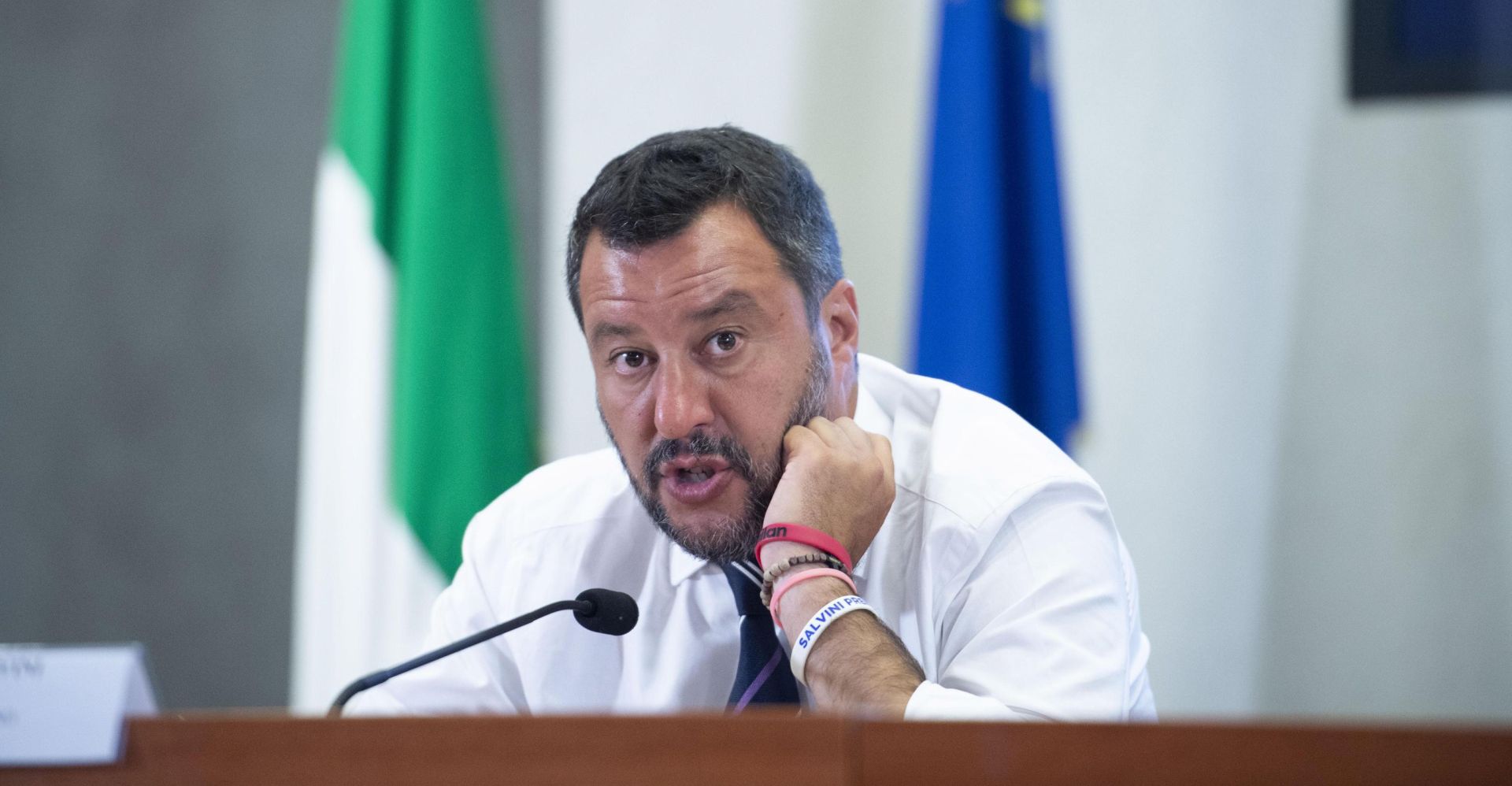 epa07758884 Italian deputy premier and interior minister, Matteo Salvini, speaks to the press during a break of the meeting with the industrial and trade union organizations at the Viminale building in Rome, Italy, 06 August 2019.  EPA/MAURIZIO BRAMBATT