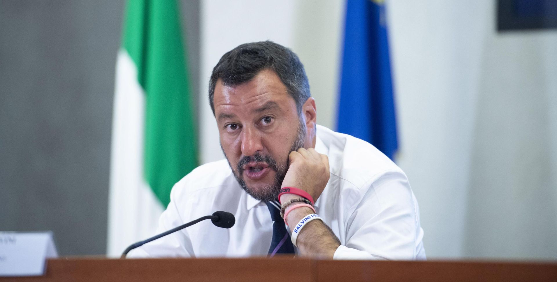 epa07758884 Italian deputy premier and interior minister, Matteo Salvini, speaks to the press during a break of the meeting with the industrial and trade union organizations at the Viminale building in Rome, Italy, 06 August 2019.  EPA/MAURIZIO BRAMBATT