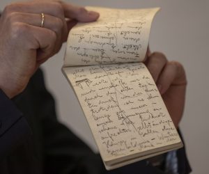 epa07760268 Israeli Stefan Litt (unseen), the NLI (The National Library of Israel) Humanities Collection curator and archivist responsible for the archive shows the Last Batch of Max Brod and Franz Kafka papers after decades in Swiss Vault, during a press conference at the National Library of Israel in Jerusalem, Israel, 07 August 2019. According to the NLI (The National Library of Israel): The Max Brod archive includes dozens of handwritten letters sent by Kafka to his friend Brod, including a number of postcards. letters, manuscripts, journals, notebooks, sketches and more , have been transferred to the National Library of Israel, following orders by Israeli and Swiss courts to open vaults in Zurich, which had stored the materials for decades.  EPA/ATEF SAFADI
