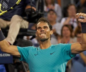 epa07763148 Rafael Nadal of Spain celebrates his victory against Guido Pella of Argentina during the Men's Singles round of 16 at the Rogers Cup tennis tournament in Montreal, Canada, 08 August 2019.  EPA/VALERIE BLUM