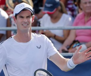 epa07754153 Andy Murray of Britain readies to face Raven Klaasen of South Africa and Michael Venus of New Zealand during a quarterfinal round doubles match with his brother Jamie Murray of Britain in the Citi Open tennis tournament at the Rock Creek Park Tennis Center in Washington, DC, USA, 02 August 2019.  EPA/ERIK S. LESSER