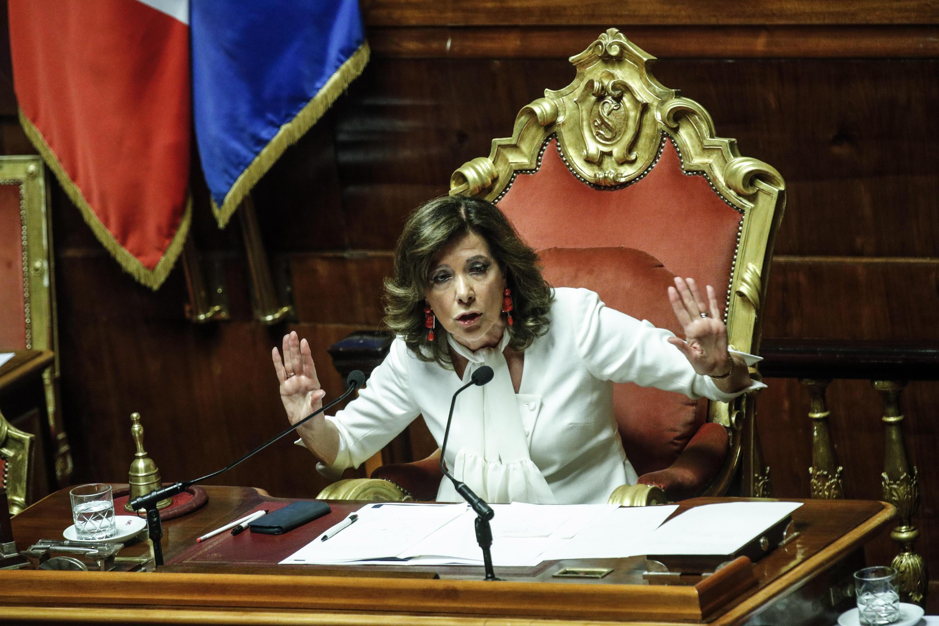 epa07771654 Italian Senate's President, Elisabetta Casellati, during the debate for the calendar of the government crisis in the Senate Chamber in Rome, Italy, 13 August 2019.  EPA/GIUSEPPE LAMI