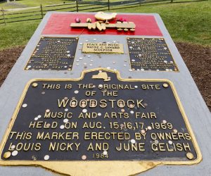 epa07773937 The plaque marking the Woodstock Festival Monument, located at the site of the original Woodstock festival, in Bethel, New York, USA, 14 August 2019. The land, which was once farm land owned by Max Yasgur and is now shared by Bethel Woods Center for the Arts, was the site of the famous concert on 15, 16 and 17 August 1969.  EPA/JUSTIN LANE