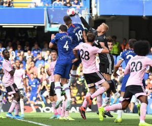 epa07779534 Leicester's goalkeeper Kasper Schmeichel (C) in action during the English Premier League soccer match between Chelsea FC and Leicester FC at Stamford Bridge in London, Britain, 18 August 2019.  EPA/ANDY RAIN EDITORIAL USE ONLY. No use with unauthorized audio, video, data, fixture lists, club/league logos or 'live' services. Online in-match use limited to 120 images, no video emulation. No use in betting, games or single club/league/player publications
