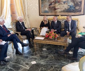 epa07784625 A handout photo made available by  Quirinale Palace Press Office shows President of the Republic Sergio Mattarella (3L) with Loredana De Petris(4L) president of the Mixed Group (Gruppo Misto) of the Senate, the  Vice President of the Mixed Group Riccardo Nencini, representant of the PSI component(R) , Pietro Grasso (4R) head of 'Liberi e Uguali' Emma Bonino (2R), coordinator of ' More Europe with Emma Bonino' and Ricardo Antonio Merlo(3R) , representant of  MAIE component  in the Quirinale Palace during the first round of formal political consultations following the resignation of Prime Minister Giuseppe Conte, Rome, Italy, 21 August 2019.  EPA/PAOLO GIANDOTTI / QUIRINALE PALACE HANDOUT  HANDOUT EDITORIAL USE ONLY/NO SALES