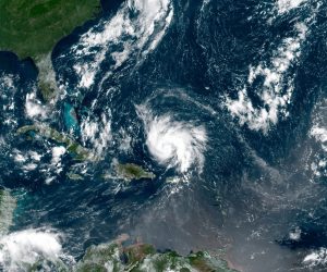 epa07804296 A handout composite satellite photo dated 29 August 2019 and made available by NASA Earth Observatory shows category two Hurricane Dorian as it passes the east coast of Puerto Rico, 29 August 2019 in an image with data acquired by the Geostationary Operational Environmental Satellite 16 (GOES-16). The US National Hurricane Center reported sustained winds of 85 miles (140 kilometers) per hour. Florida governor Ron DeSantis has declared on 28 August a state of emergency in Florida as Dorian could make landfall as a category 3 hurricane over the weekend.  EPA/NASA EARTH OBSERVATORY HANDOUT  HANDOUT EDITORIAL USE ONLY