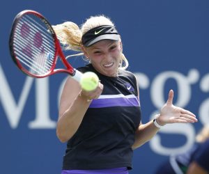 epa07808262 Donna Vekic of Croatia hits a return to Yulia Putintseva of Kazakhstan during their match on the sixth day of the US Open Tennis Championships the USTA National Tennis Center in Flushing Meadows, New York, USA, 31 August 2019. The US Open runs from 26 August through 08 September.  EPA/JOHN G. MABANGLO