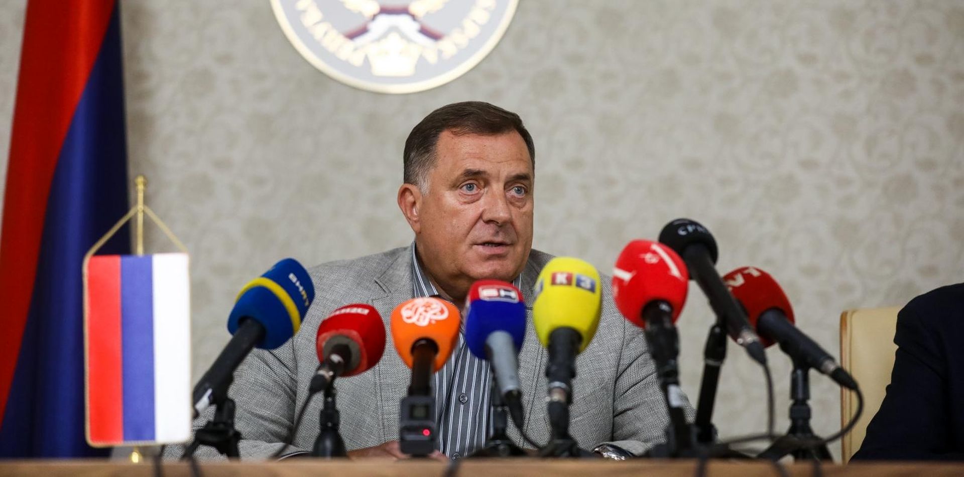 05.08.2019., Istocno Sarajevo, Bosna i Hercegovina - Izvanredna konferencija za medije clana Predsjednistva BiH i Predsjednika SNSD-a Milorada Dodika nakon formiranja vlasti u BiH. 
Photo: Armin Durgut/PIXSELL