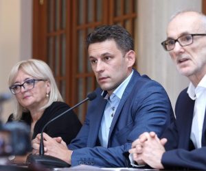 21.08.2019., Zagreb - U Saboru je odrzana konferencija za medije Kluba zastupnika Mosta nezavisnih lista na kojoj su o temi: "Predsjednik Hrvatskog sabora ne saziva izvanrednu sjednicu za opoziv Kujundzica, a ustavni suci su na strani vecine" govorili zastupnici Bozo Petrov, Ines Strenja i Robert Podolnjak. Photo: Patrik Macek/PIXSELL