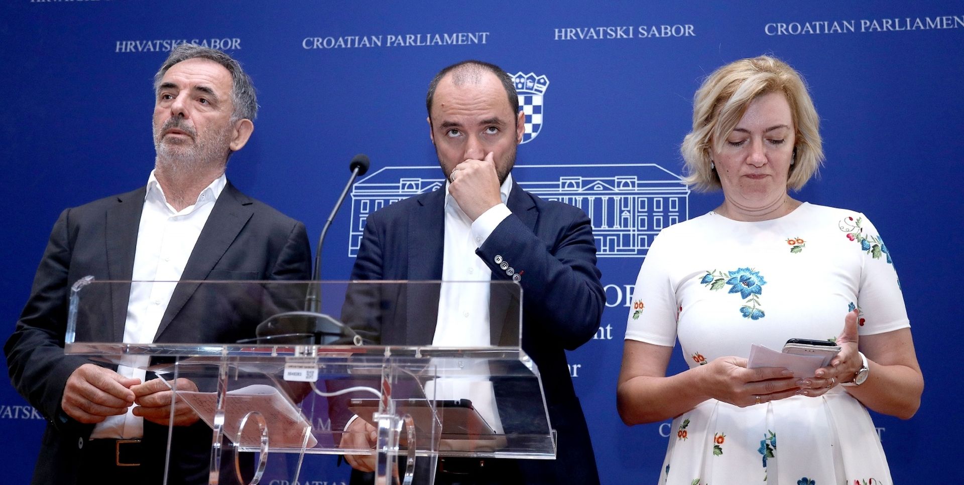 23.08.2019., Zagreb - U Saboru je odrzana konferencija za medije Kluba zastupnika SDSS-a na kojoj su Dragana Jeckov, Milorad Pupovac, Boris Milosevic govorili o napadu na Srbe s podrucja Knina. Photo: Patrik Macek/PIXSELL