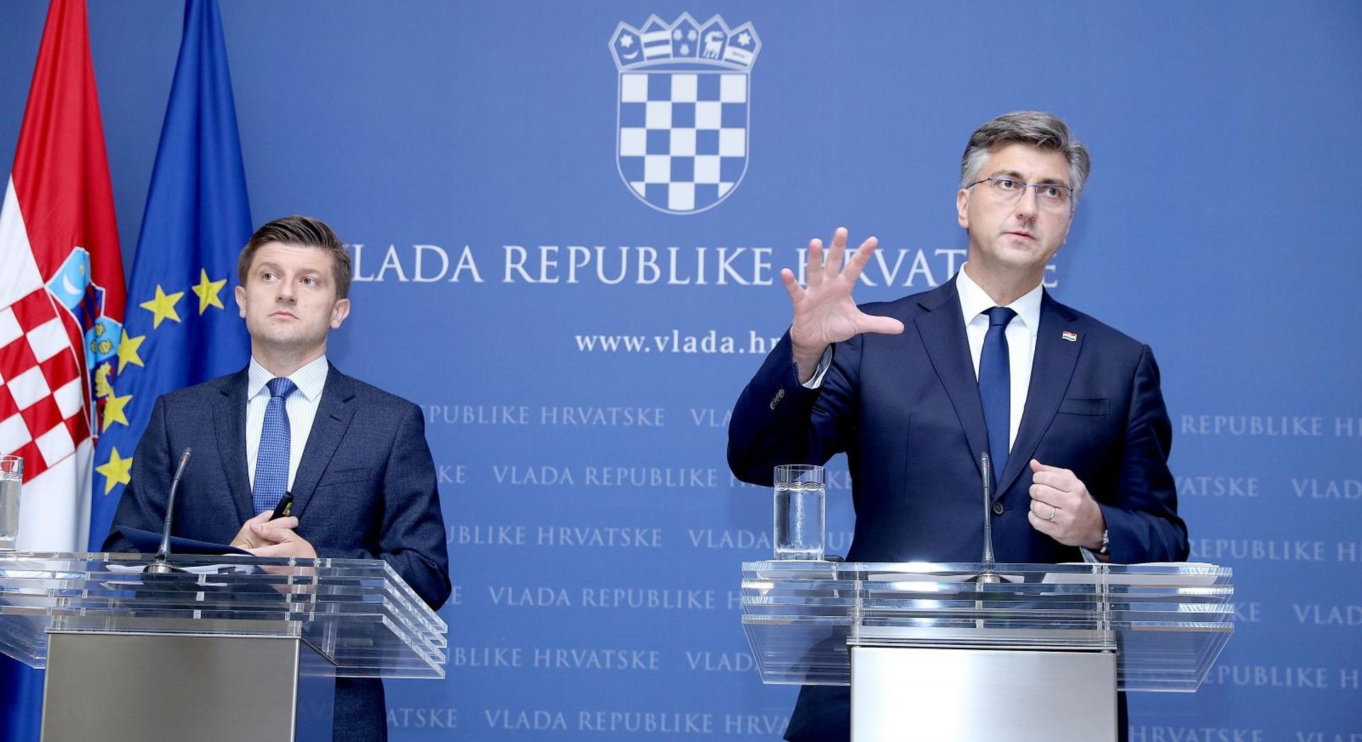 26.07.2019., Zagreb - Andrej Plenkovic i Zdravko Maric na konferenciji za medije predstavili cetvrti val porezne reforme. Photo: Patrik Macek/PIXSELL