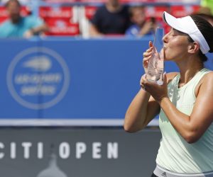 Tennis: Citi Open Aug 4, 2019; Washington, D.C., USA; Jessica Pegula of the United States kisses the championship trophy after her match against Camila Giorgi of Italy (not pictured) in the womenÕs singles final at William H.G. FitzGerald Tennis Center. Mandatory Credit: Geoff Burke-USA TODAY Sports Geoff Burke