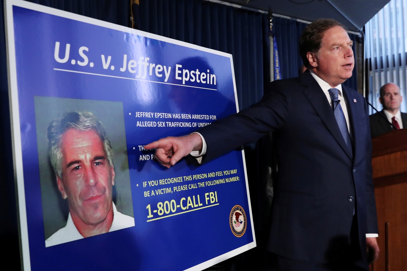 FILE PHOTO: Geoffrey Berman points to a photograph of Jeffrey Epstein in New York FILE PHOTO: Geoffrey Berman, United States Attorney for the Southern District of New York, points to a photograph of Jeffrey Epstein as he announces the financier's charges of sex trafficking of minors and conspiracy to commit sex trafficking of minors, in New York, U.S., July 8, 2019. REUTERS/Shannon Stapleton/File Photo Shannon Stapleton