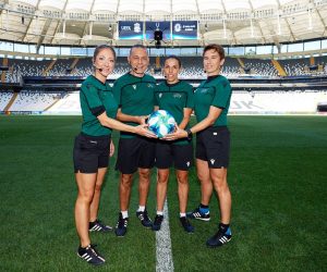 UEFA Super Cup - Match Officials Press Conference Soccer Football - UEFA Super Cup - Match Officials Press Conference - Vodafone Park, Istanbul, Turkey - August 13, 2019  (L-R) Assistant referee Manuela Nicolosi, fourth official Cuneyt Cakir, referee Stephanie Frappart and assistant referee Michelle O'Neill pose after the press conference  UEFA/Pool via REUTERS POOL