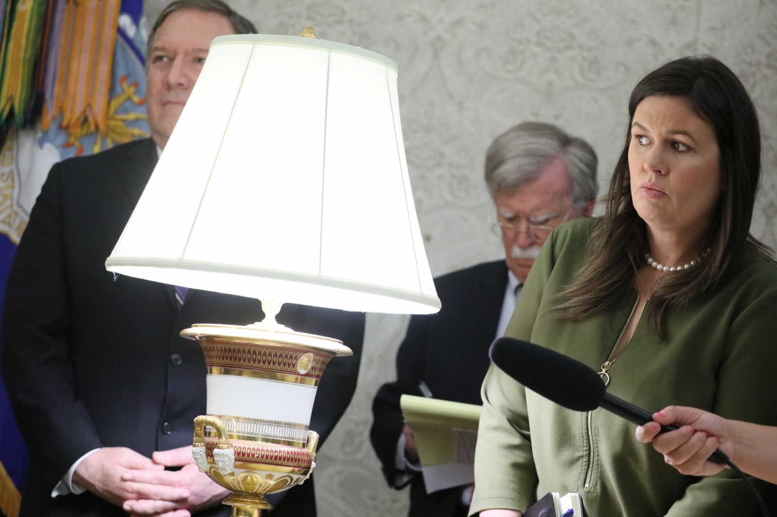 Pompeo, Bolton and Sanders attend Trump-Trudeau Oval Office meeting at the White House in Washington U.S. Secretary of State Mike Pompeo, White House national security adviser John Bolton and Press Secretary Sarah Sanders look on as U.S. President Donald Trump meets with Canada's Prime Minister Justin Trudeau in the Oval Office of the White House in Washington, U.S., June 20, 2019. REUTERS/Jonathan Ernst JONATHAN ERNST