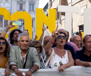 epa07782463 Supporters of the Five Star Movement (M5S) rally outside the Senate where Italian Premier Conte is addressing the Parliament in Rome, Italy, 20 August 2019. Italian Prime Minister Conte in his address says the government has stopped, and League leader Salvini was 'irresponsible and opportunist' and showed a 'grave lack of constitutional culture' in triggering a government crisis.  EPA/ANGELO CARCONI