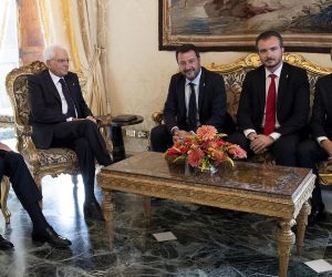 epa07785924 (2-L), meets the deputy premier and leader of League party, Matteo Salvini (C), and his party members Massimiliano Romeo (R) and Riccardo Molinari (2-R) in the Quirinale Palace during the formal political consultations following the resignation of Prime Minister Giuseppe Conte, in Rome, Italy, 22 August 2019.  EPA/Paolo Giandotti HANDOUT  HANDOUT EDITORIAL USE ONLY/NO SALES
