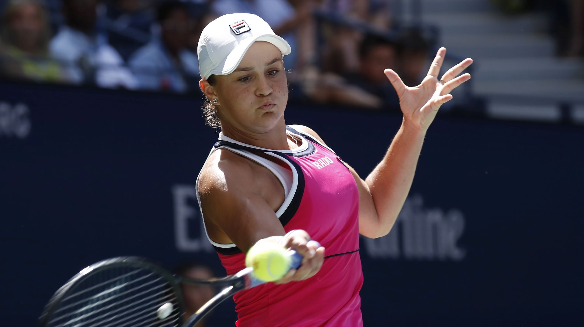 epa07795684 Ashley Barty of Australia hits a return to Zarina Diyas of Kazakhstan during their match on the first day of the US Open Tennis Championships the USTA National Tennis Center in Flushing Meadows, New York, USA, 26 August 2019. The US Open runs from 26 August through 08 September.  EPA/JOHN G. MABANGLO