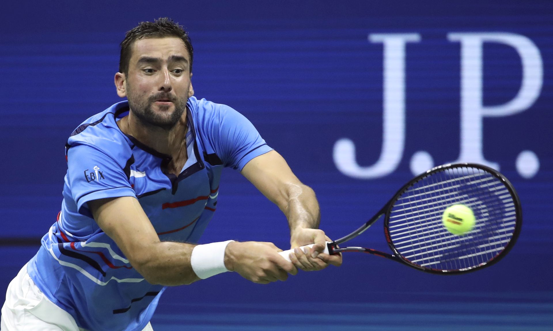 epa07803369 Marin Cilic of Croatia in action against Marcel Stebe of Germany during a match on the fourth day of the US Open Tennis Championships the USTA National Tennis Center in Flushing Meadows, New York, USA, 29 August 2019. The US Open runs from 26 August through to 08 September 2019.  EPA/JASON SZENES