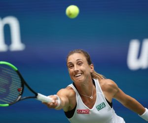 epa07811300 Petra Martic of Croatia hits a return to Serena Williams of the US during their match on the seventh day of the US Open Tennis Championships the USTA National Tennis Center in Flushing Meadows, New York, USA, 01 September 2019. The US Open runs from 26 August through 08 September.  EPA/DANIEL MURPHY