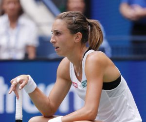 epa07811564 Petra Martic of Croatia reacts as she plays Serena Williams of the US during their match on the seventh day of the US Open Tennis Championships the USTA National Tennis Center in Flushing Meadows, New York, USA, 01 September 2019. The US Open runs from 26 August through 08 September.  EPA/JOHN G. MABANGLO