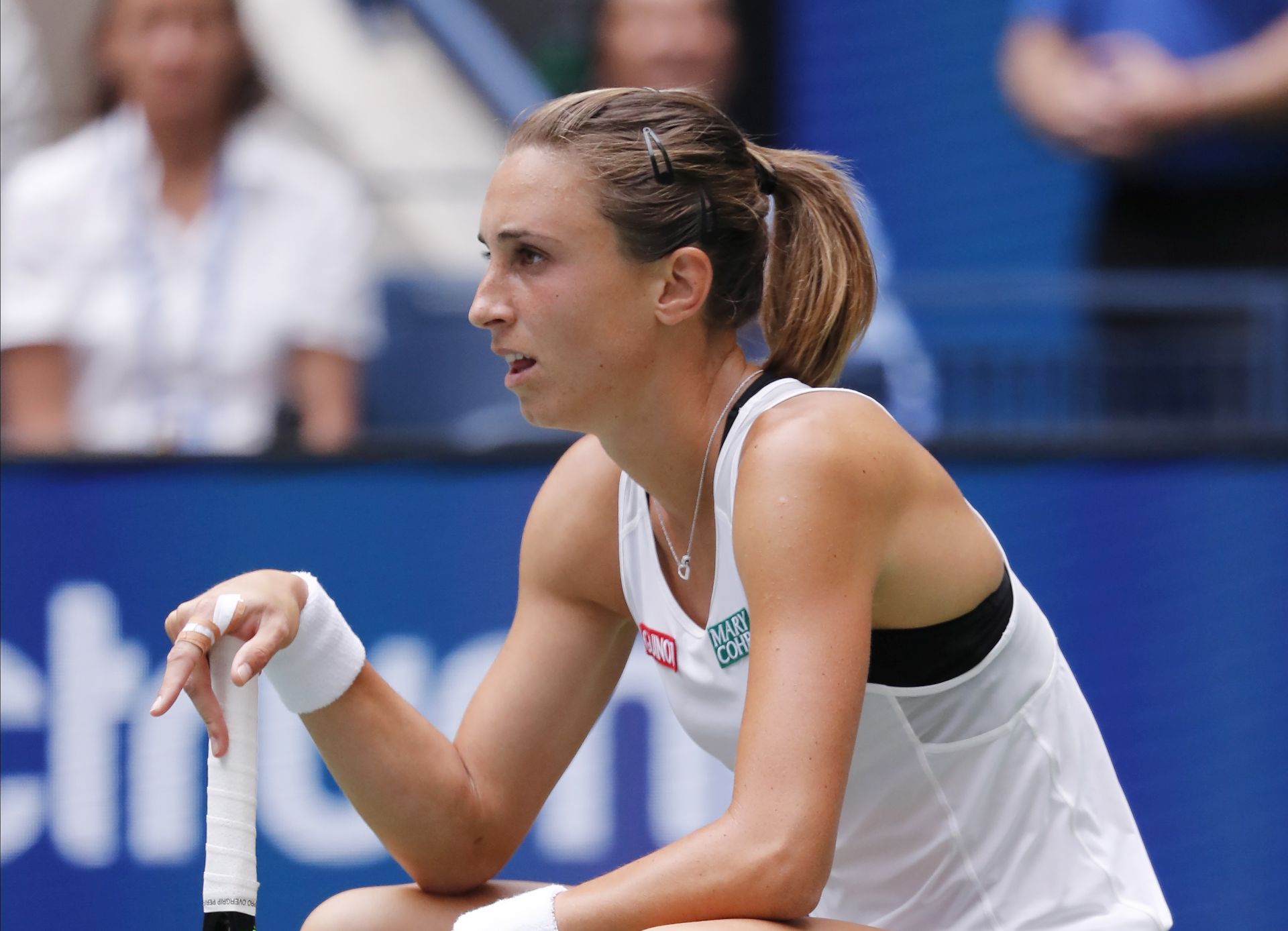 epa07811564 Petra Martic of Croatia reacts as she plays Serena Williams of the US during their match on the seventh day of the US Open Tennis Championships the USTA National Tennis Center in Flushing Meadows, New York, USA, 01 September 2019. The US Open runs from 26 August through 08 September.  EPA/JOHN G. MABANGLO