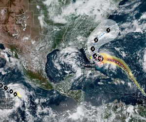 epa07811451 A handout photo made available by the US  National Oceanic and Atmospheric Administration (NOAA) showing the track of Hurricane Dorian and Tropical Storm Julitte on 01 Spetember 2019. NOAA report that Data from an Air Force Reserve Hurricane Hunter aircraft indicate that Dorian has continued to intensify, and now has maximum sustained winds near 175 mph (280 km/h) and wind gusts over 200 mph.  Storm surge of 15 to 20 feet above normal tides with higher destructive waves. The National Hurricane Center’s advisory reports that Hurricane Dorian has reached Category 5 status on the Saffir-Simpson Hurricane Wind scale.  EPA/NOAA / HANDOUT  HANDOUT EDITORIAL USE ONLY/NO SALES