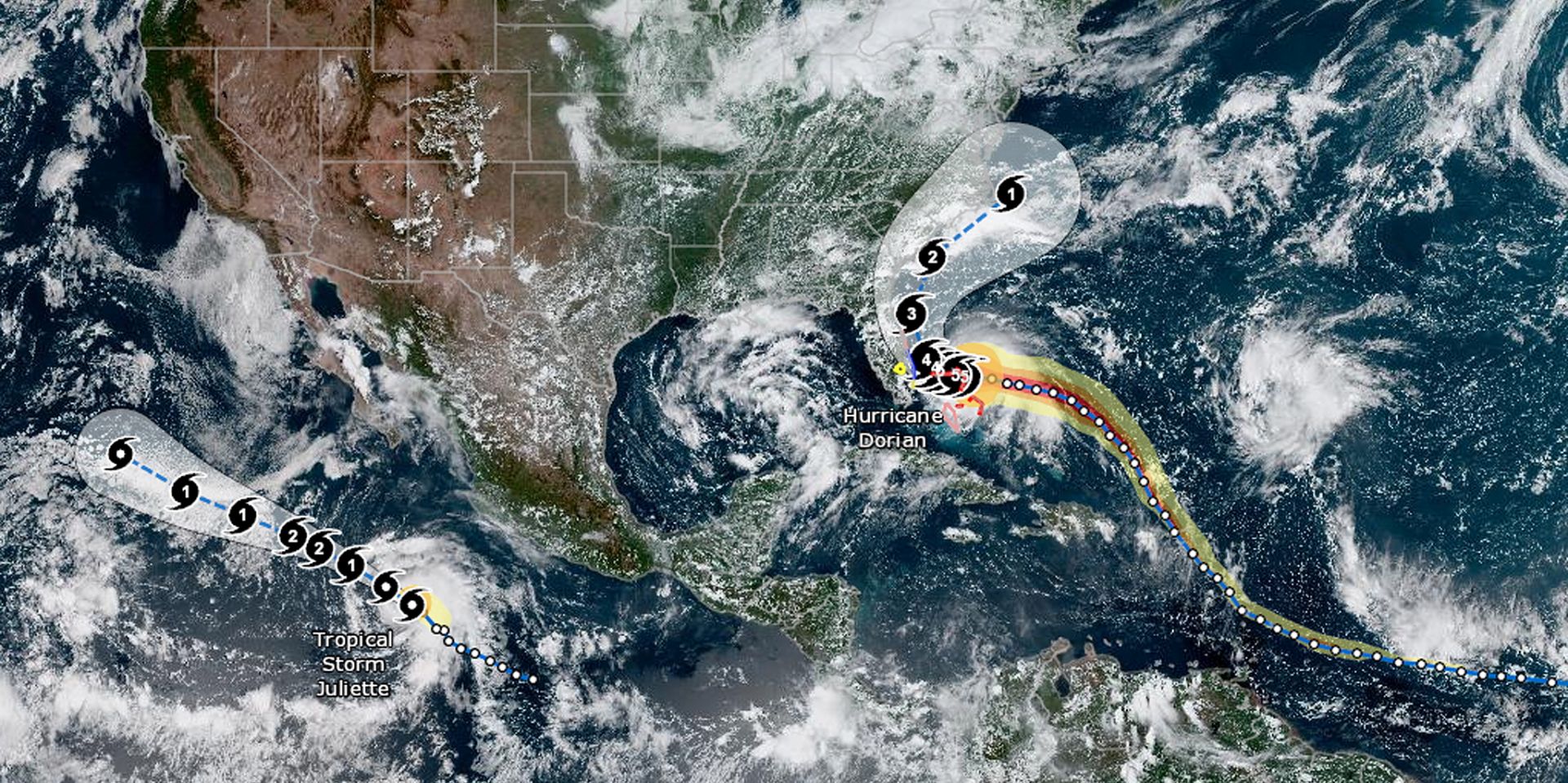 epa07811451 A handout photo made available by the US  National Oceanic and Atmospheric Administration (NOAA) showing the track of Hurricane Dorian and Tropical Storm Julitte on 01 Spetember 2019. NOAA report that Data from an Air Force Reserve Hurricane Hunter aircraft indicate that Dorian has continued to intensify, and now has maximum sustained winds near 175 mph (280 km/h) and wind gusts over 200 mph.  Storm surge of 15 to 20 feet above normal tides with higher destructive waves. The National Hurricane Center’s advisory reports that Hurricane Dorian has reached Category 5 status on the Saffir-Simpson Hurricane Wind scale.  EPA/NOAA / HANDOUT  HANDOUT EDITORIAL USE ONLY/NO SALES
