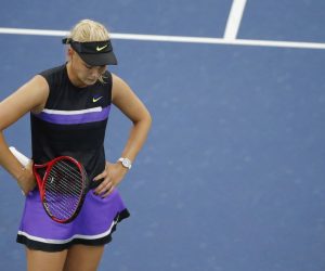 epa07813258 Donna Vekic of Crotia reacts as she plays Julia Goerges of Germany during their match on the eighth day of the US Open Tennis Championships the USTA National Tennis Center in Flushing Meadows, New York, USA, 02 September 2019. The US Open runs from 26 August through 08 September.  EPA/JUSTIN LANE