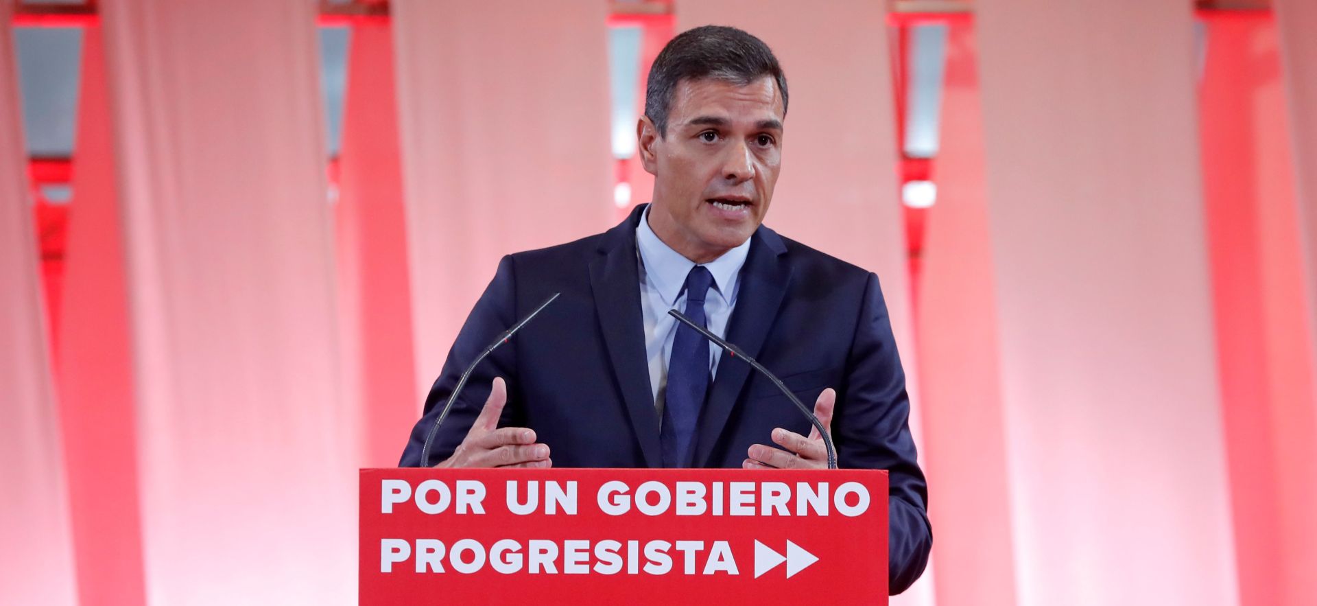 epa07814441 Spanish Prime Minister, Pedro Sanchez, presents the socialist program for a progressive Government in Madrid, Spain, 03 September 2019. Sanchez presented the program to obtain enough votes from other political parties at Parliament to be invested Prime Minister later this month. Spain will be holding elections 10 November 2019 if Sanchez fails to obtain enough support for a new investiture in September.  EPA/Chema Moya