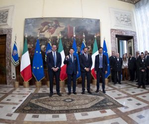 epa07819752 Italian Premier Giuseppe Conte (2-L) during the bell ceremony with former cabinet secretary Giancarlo Giorgetti (L), his successor in that role Riccardo Fraccaro (2-R) and Chigi Palace general secretary Roberto Chieppa (R), Rome, Italy, 05 September 2019. Conte's new government is a coalition between the anti-establishment 5-Star Movement (M5S) and the center-left Democratic Party (PD) that will have 21 ministers, 10 from the M5S, nine from the PD and one from the small leftwing Free and Equal (LeU) party, media reported.  EPA/MAURIZIO BRAMBATTI