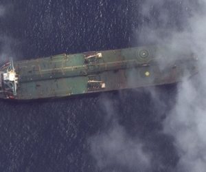 epa07826189 A satellite photo made available by MAXAR Technologies on 07 September 2019 shows a satellite image of the Adrian Darya-1 oil tanker off the coast of Tartus, Syria, 06 September 2019. The Iranian oil tanker 'Adrian Darya 1', loaded with some 2.1 million barrels of oil and formerly know as the 'Grace 1', was seized by Gibraltar authorities on 04 July on  suspicion of delivering Iranian oil to Syrian Banyas refinery in violation of EU sanctions.  EPA/SATELLITE IMAGE ©2019 MAXAR TECHNOLOGIES / HANDOUT (Satellite image © 2018 DigitalGlobe, a Maxar company) HANDOUT EDITORIAL USE ONLY/NO SALES