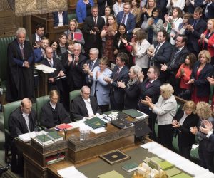 epa07830698 A handout photo made available by the UK Parliament shows Speaker of the House of Commons John Bercow (3-L) being applauded in the House of Commons in London, Britain, 09 September 2019. Reports state that John Bercow says he will stand down as Commons Speaker and Member of Parliament at the next election or on 31 October 2019, whichever comes first.  EPA/JESSICA TAYLOR/UK PARLIAMENT / HANDOUT MANDATORY CREDIT: UK PARLIAMENT / JESSICA TAYLOR HANDOUT EDITORIAL USE ONLY/NO SALES