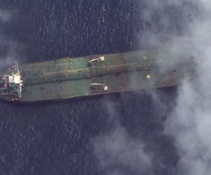 epa07832775 A satellite photo made available by MAXAR Technologies on 07 September 2019 shows a satellite image of the Adrian Darya-1 oil tanker off the coast of Tartus, Syria, 06 September 2019 (reissued 10 September 2019). Reports on 10 September 2019 state British government has summoned Iran's ambassador to comdemn Iranian oil tanker 'Adrian Darya 1', loaded with some 2.1 million barrels of oil and formerly know as the 'Grace 1', delivering its oil to Syria. The British Foreign Minister Dominic Raab said 'Iran has shown complete disregard for its own assurances over Adrian Darya 1. Raab further said 'This sale of oil to (Syrian President Bashar al-Assad’s) brutal regime is part of a pattern of behaviour by the Government of Iran designed to disrupt regional security'.  EPA/SATELLITE IMAGE ©2019 MAXAR TECHNOLOGIES / HANDOUT (Satellite image © 2018 DigitalGlobe, a Maxar company) The watermark may not be removed/cropped. HANDOUT EDITORIAL USE ONLY/NO SALES