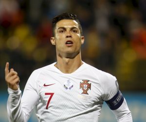 epa07833438 Cristiano Ronaldo of Portugal celebrates scoring a goal during the UEFA EURO 2020 qualifier match between Lithuania and Portugal in Vilnius, Lithuania, 10 September 2019.  EPA/VALDA KALINA