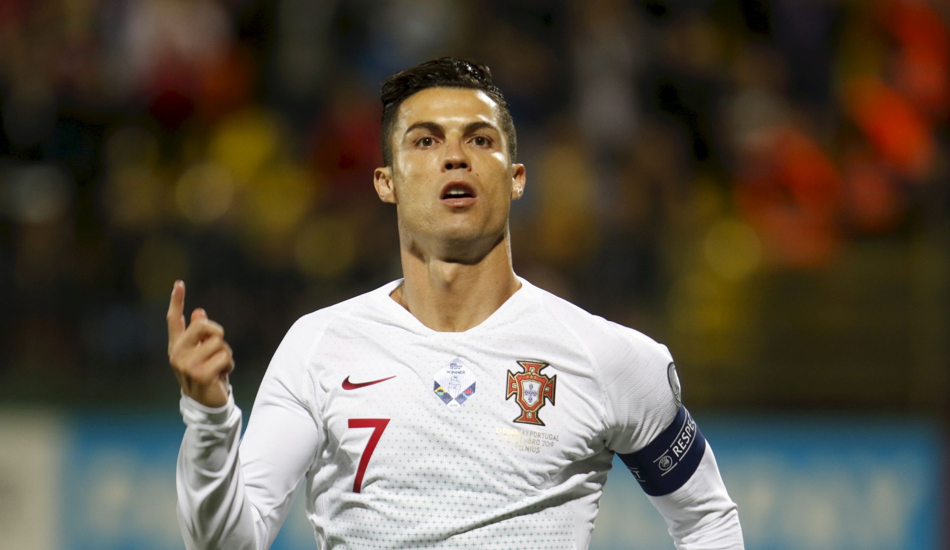 epa07833438 Cristiano Ronaldo of Portugal celebrates scoring a goal during the UEFA EURO 2020 qualifier match between Lithuania and Portugal in Vilnius, Lithuania, 10 September 2019.  EPA/VALDA KALINA