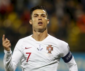 epa07833438 Cristiano Ronaldo of Portugal celebrates scoring a goal during the UEFA EURO 2020 qualifier match between Lithuania and Portugal in Vilnius, Lithuania, 10 September 2019.  EPA/VALDA KALINA