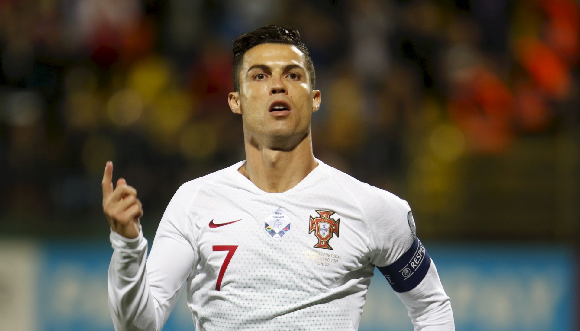 epa07833438 Cristiano Ronaldo of Portugal celebrates scoring a goal during the UEFA EURO 2020 qualifier match between Lithuania and Portugal in Vilnius, Lithuania, 10 September 2019.  EPA/VALDA KALINA