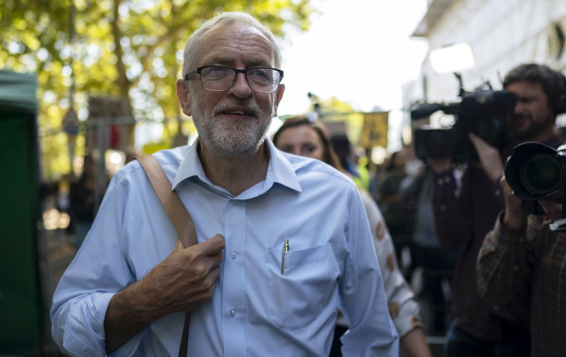 epa07856244 Labour Leader Jeremy Corbyn arrives at a demonstration as a part of the Fridays for Future global climate strike in Central London, Britain, 20 September 2019. Millions of people around the world are taking part in protests demanding action on climate issues. The Global Strike For Climate is being held only days ahead of the scheduled United Nations Climate Change Summit in New York.  EPA/WILL OLIVER