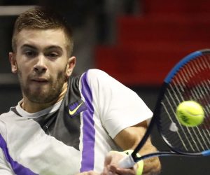 epa07858966 Borna Coric of Croatia in action against Joao Sousa of Portugal during their semi final match of the St.Petersburg Open ATP tennis tournament in St.Petersburg, Russia, 21 September 2019.  EPA/ANATOLY MALTSEV