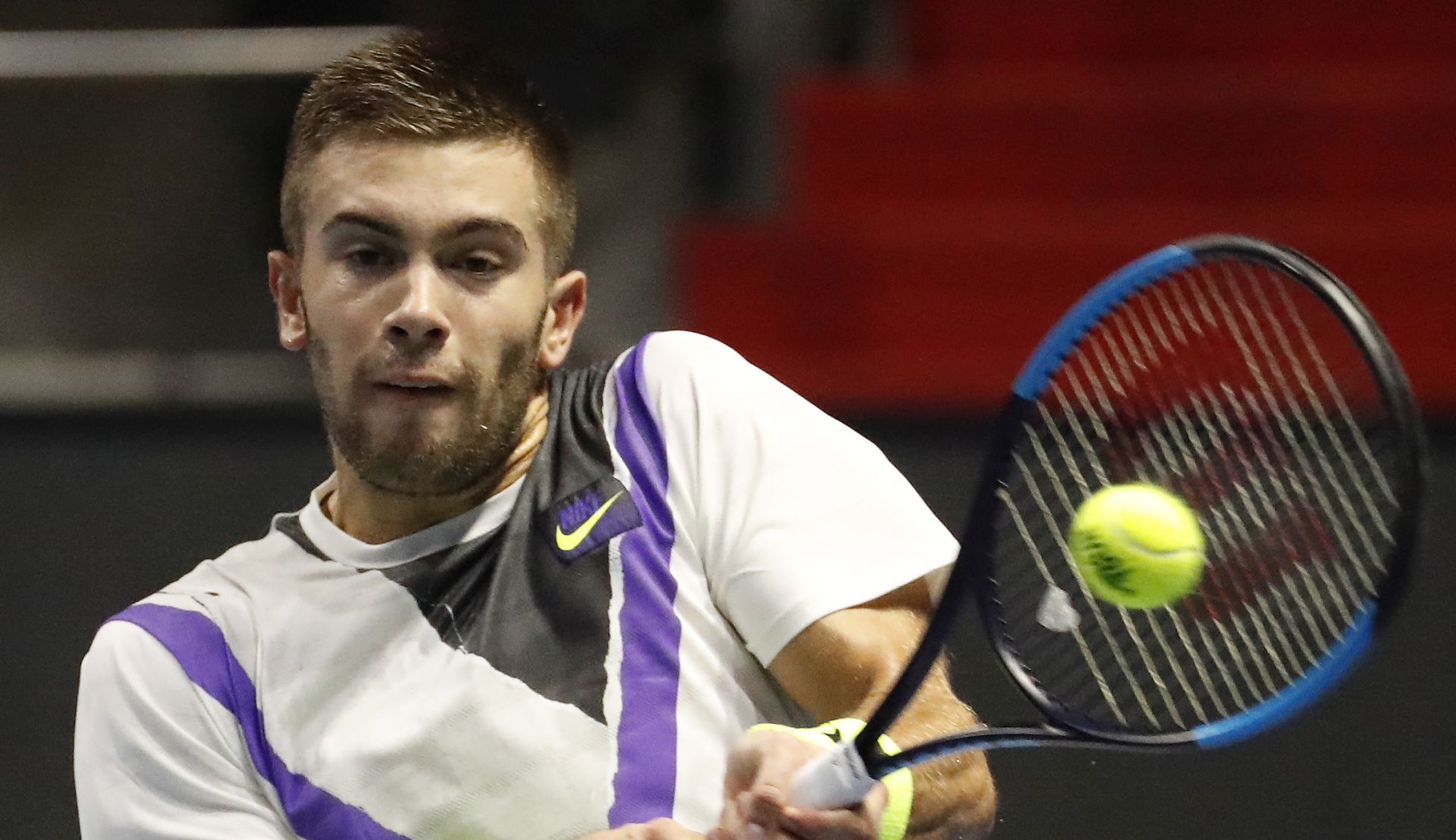 epa07858966 Borna Coric of Croatia in action against Joao Sousa of Portugal during their semi final match of the St.Petersburg Open ATP tennis tournament in St.Petersburg, Russia, 21 September 2019.  EPA/ANATOLY MALTSEV