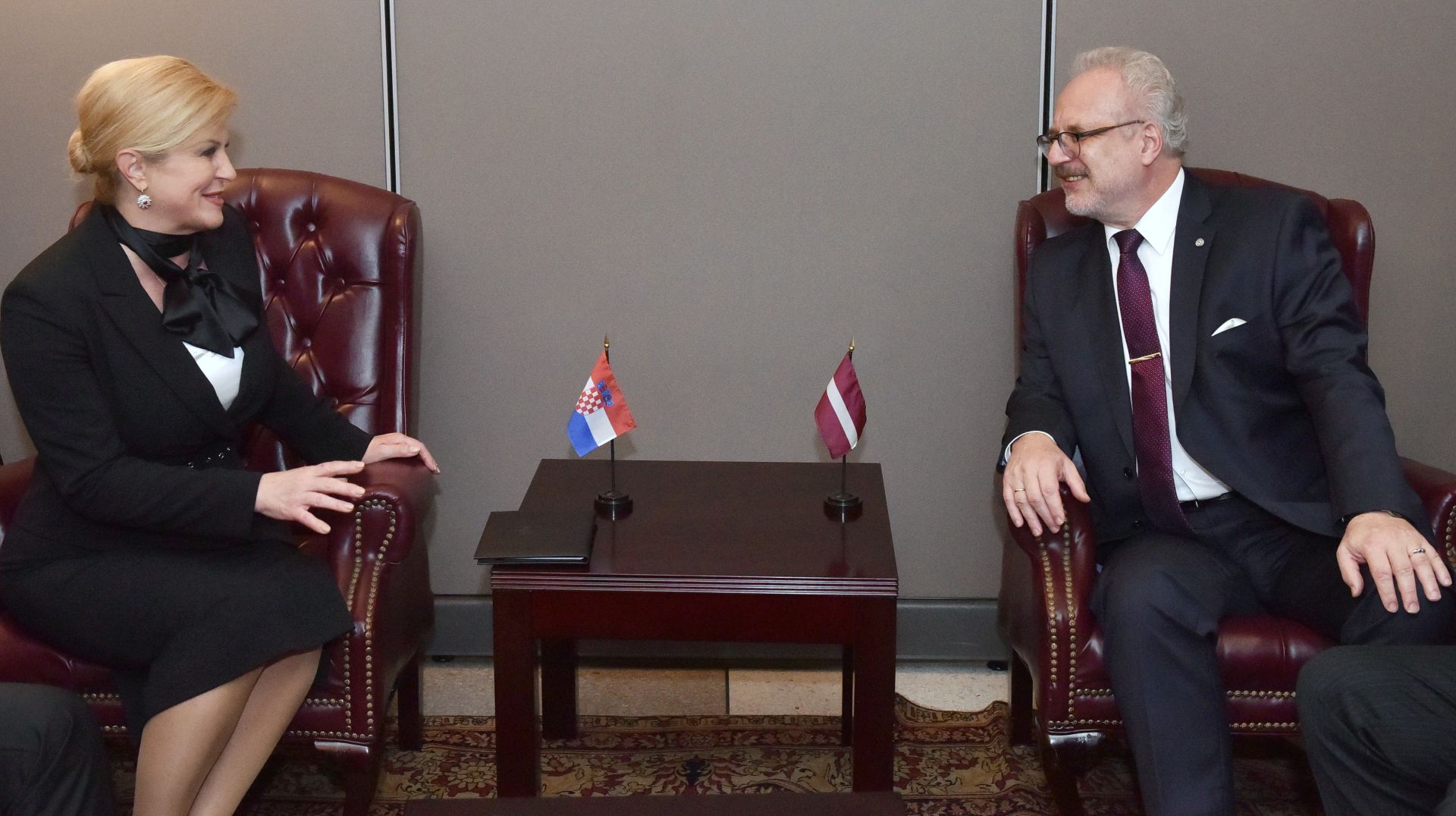 New York, 23.09.2019 - Na marginama zasjedanja Opæe skuptine Ujedinjenih naroda hrvatska predsjednica Kolinda Grabar-Kitaroviæ sastala se s predsjednikom Latvije Egilsom Levitsom. 
foto HINA/ Ured predsjednice/ ua