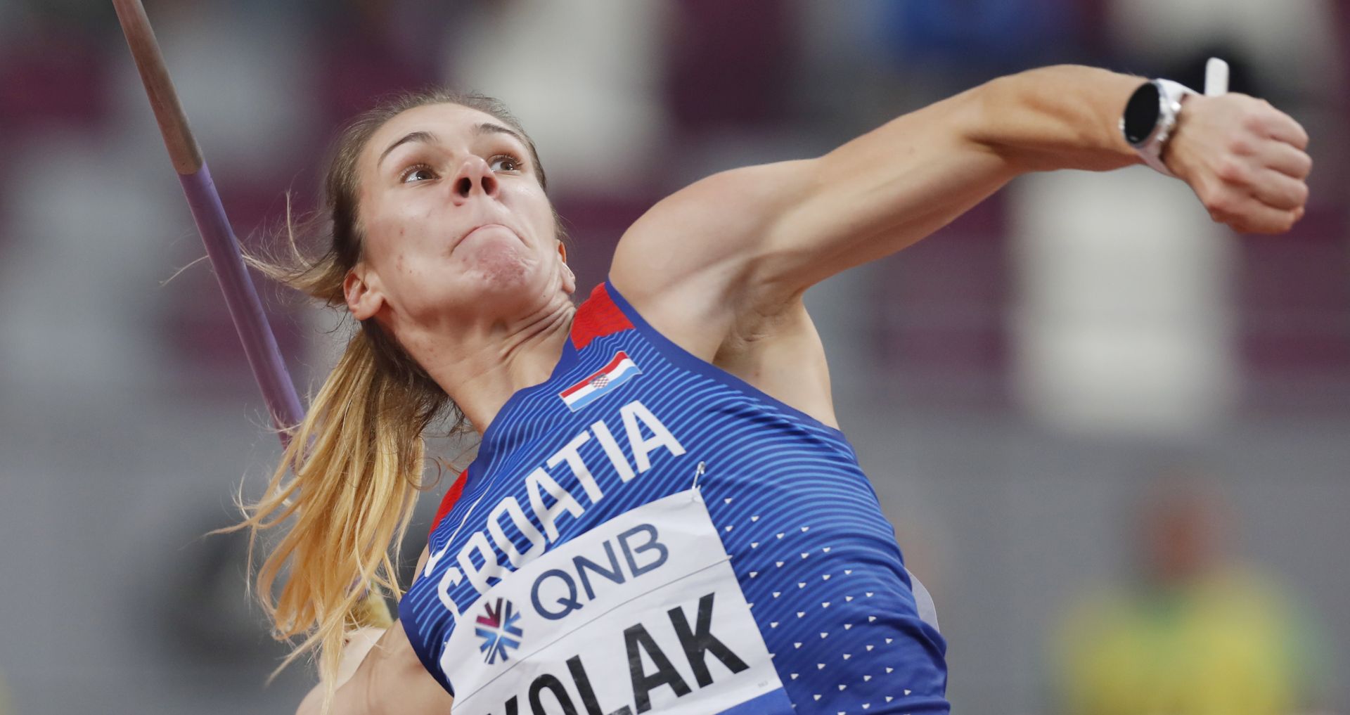 epa07882461 Sara Kolak of Croatia competes in the women's Javelin Throw qualification of the IAAF World Athletics Championships 2019 at the Khalifa Stadium in Doha, Qatar, 30 September 2019. EPA/VALDRIN XHEMAJ