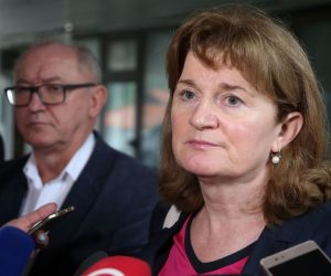 06.09.2019., Zagreb - Ispred zgrade Ministarstva zdravstva odrzan je prosvjed zdravstvenih djelatnika nakon kojega su predstavnici otisli na sastanak s ministrom Kujundzicem. Anica Prasnjak, predsjednica Hrvatskog strukovnog sindikata medicinskih sestara i medicinskih tehnicara Photo: Marin Tironi/PIXSELL