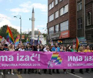 Sarajevo hosts its first Gay Pride march amidst security concerns Participants hold a banner during the first gay pride parade in Sarajevo, Bosnia and Herzegovina September 8, 2019. The banner reads "Let us out".  REUTERS/Dado Ruvic DADO RUVIC