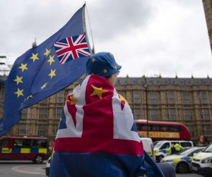 epa07835611 An Anti-Brexit protester sits outside the Houses of Parliament, Central London, Britain, 11 September 2019. Judges at the Court of Session in Scotland ruled today that proroguing of Parliament by British Prime Minister Boris Johnson was unlawful and the case will be heard at the Supreme Court in London next week.  EPA/WILL OLIVER