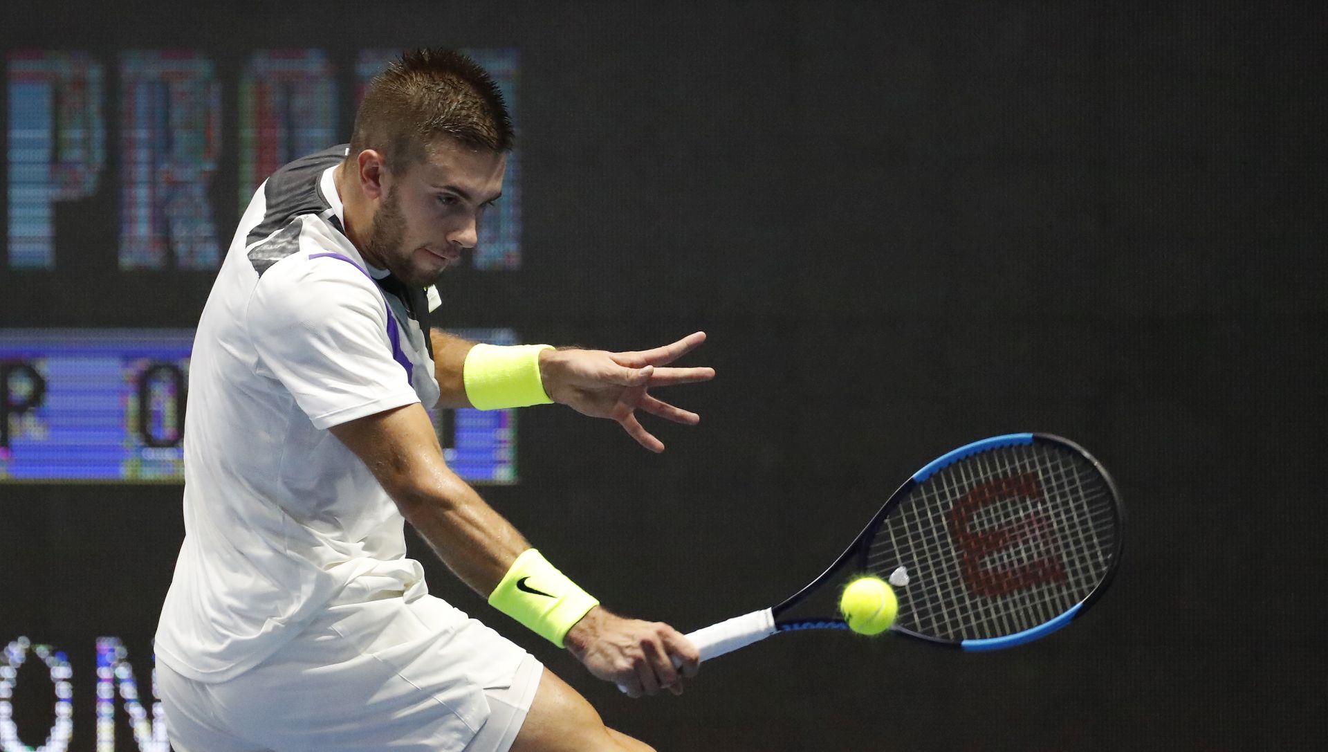 epa07858969 Borna Coric of Croatia in action against Joao Sousa of Portugal during their semi final match of the St.Petersburg Open ATP tennis tournament in St.Petersburg, Russia, 21 September 2019.  EPA/ANATOLY MALTSEV